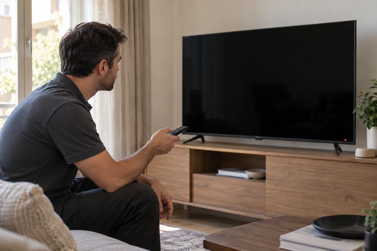 Televisor con pantalla negra y mando a distancia