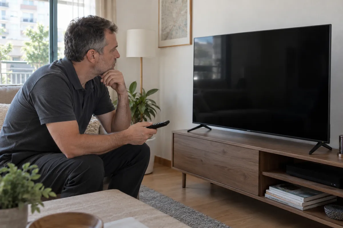 Televisor con pantalla negra y mando a distancia