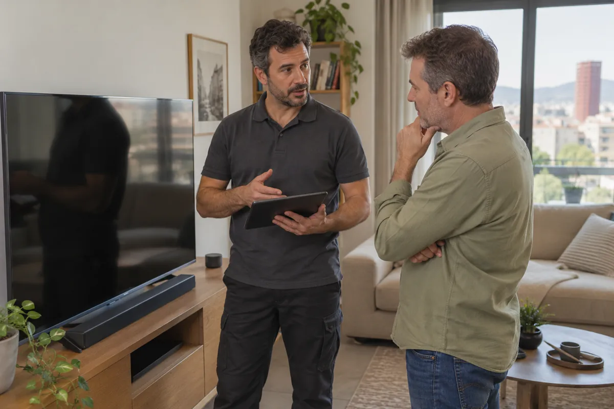 Técnico y cliente comentando opciones junto a un televisor