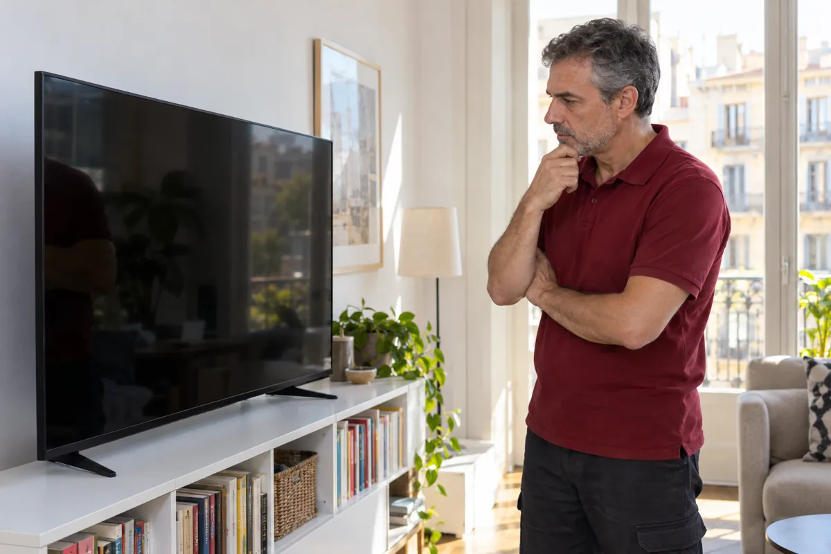 Técnico observando un televisor en un domicilio