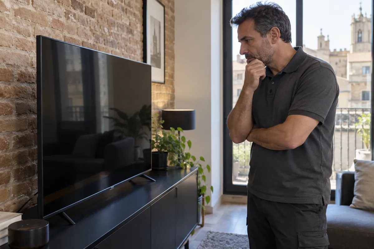 Técnico observando un televisor en un domicilio
