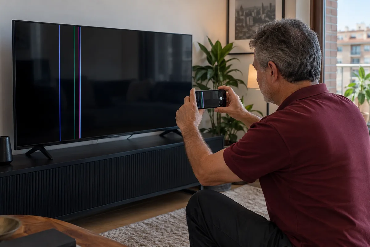 Técnico y cliente comentando opciones junto a un televisor