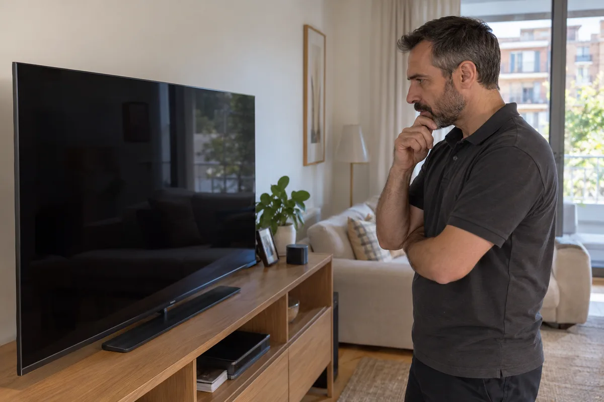 Técnico observando un televisor en un domicilio