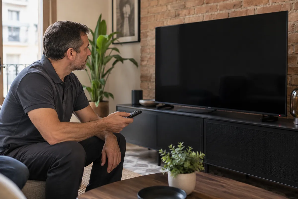 Televisor con pantalla negra y mando a distancia