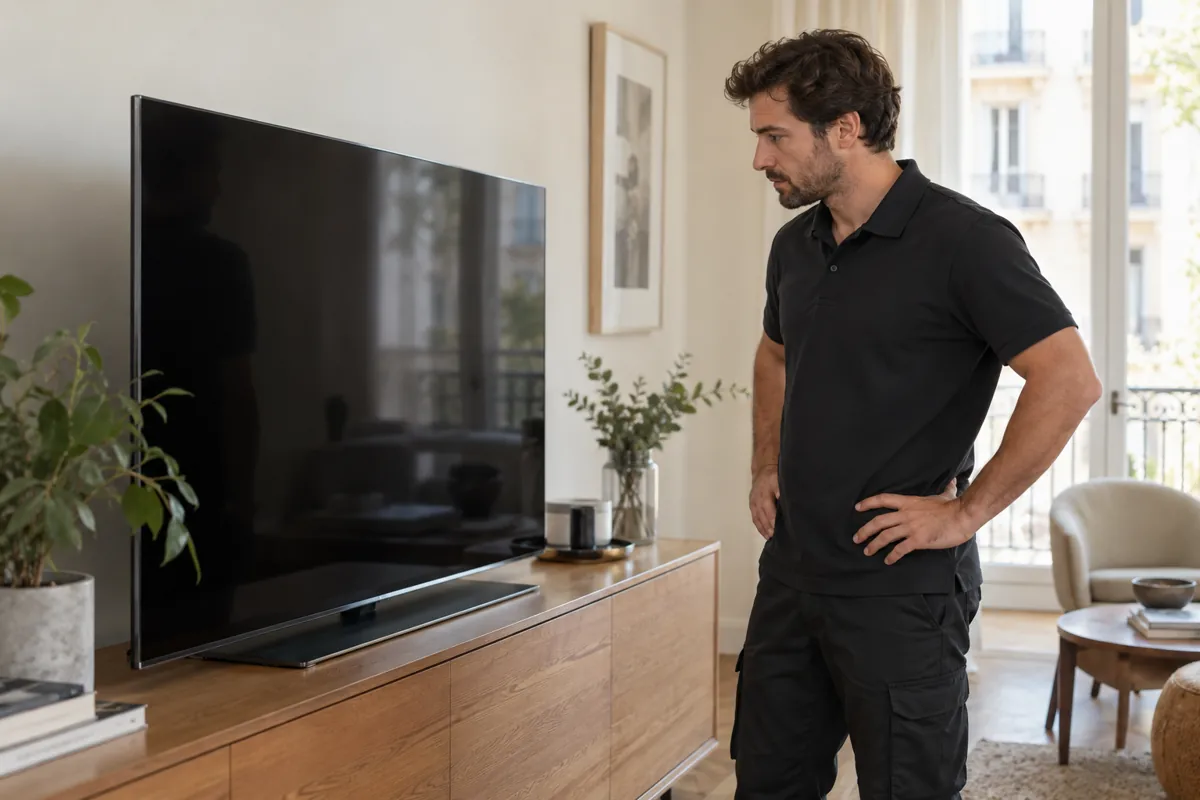 Técnico observando un televisor en un domicilio
