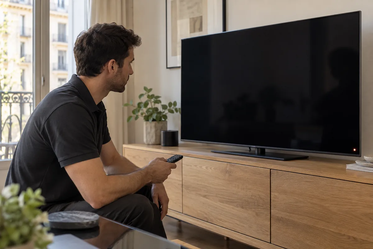 Televisor con pantalla negra y mando a distancia