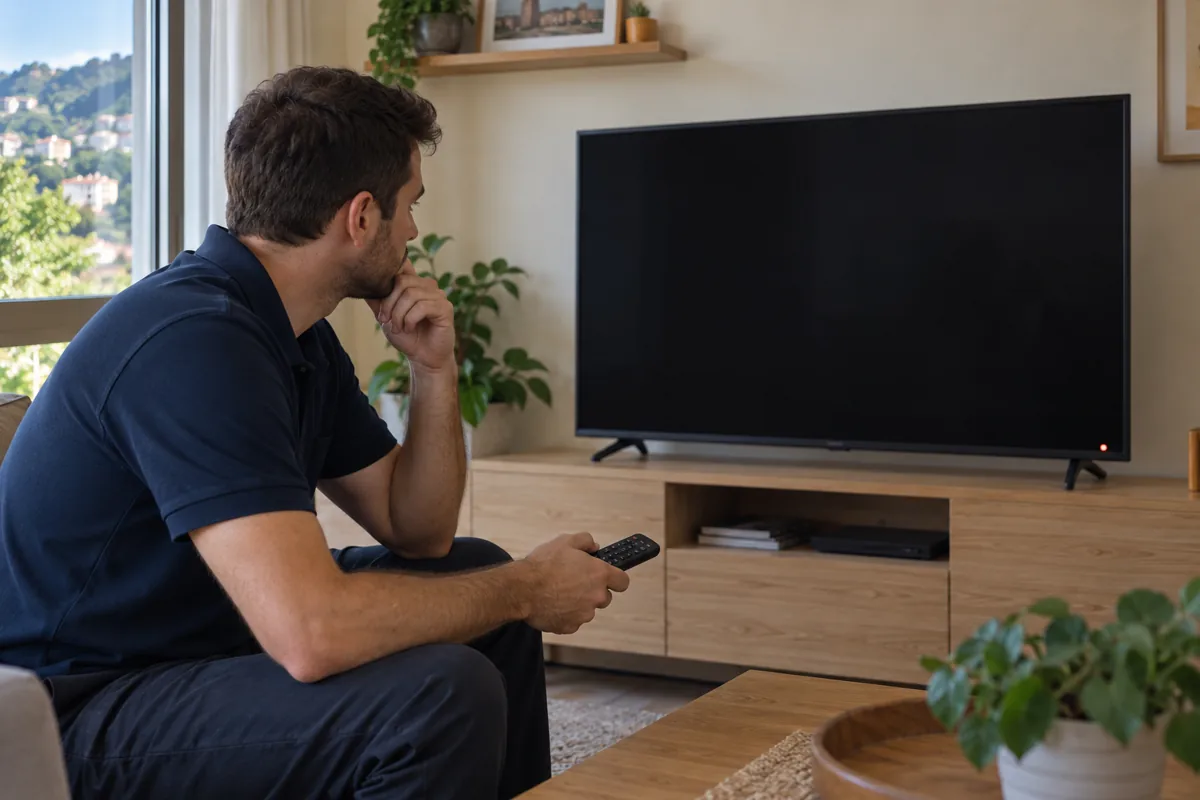 Televisor con pantalla negra y mando a distancia