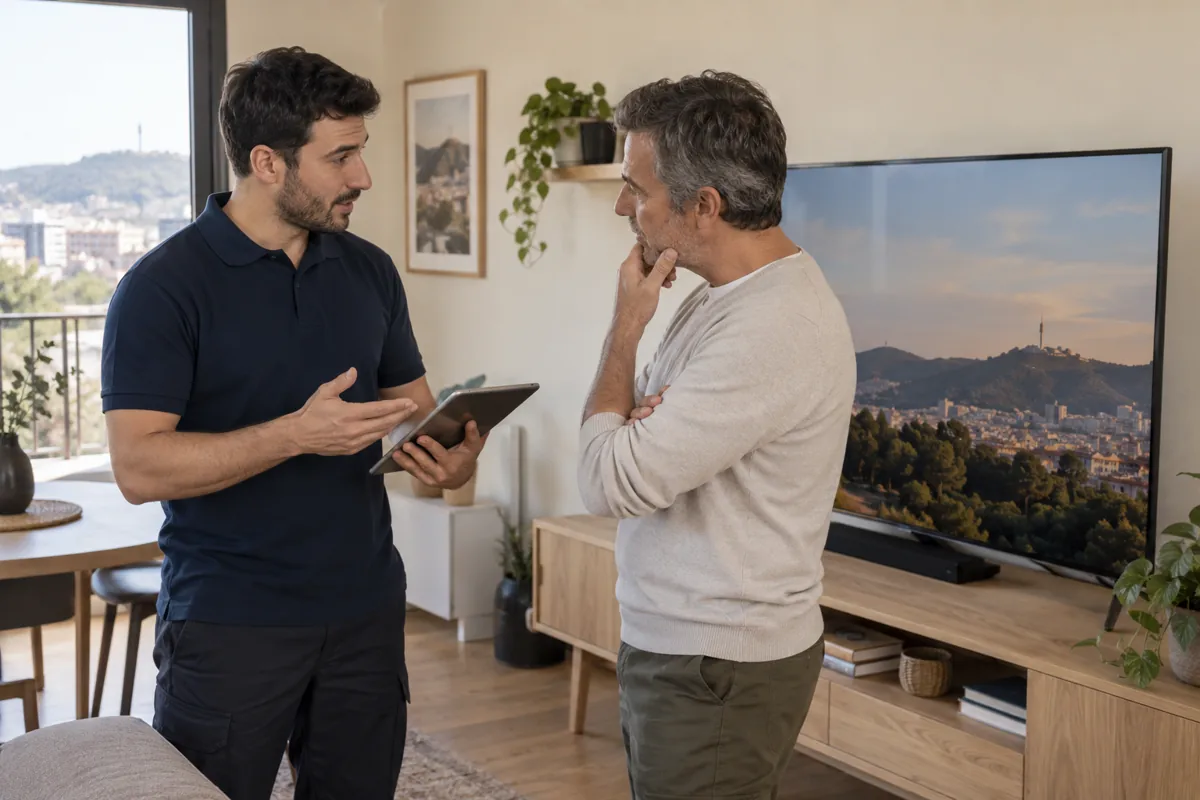 Técnico y cliente comentando opciones junto a un televisor