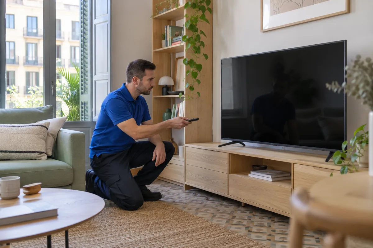 Técnico observando un televisor en un domicilio