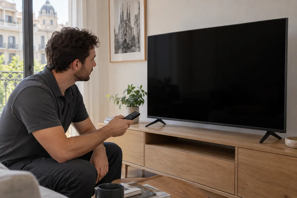 Televisor con pantalla negra y mando a distancia