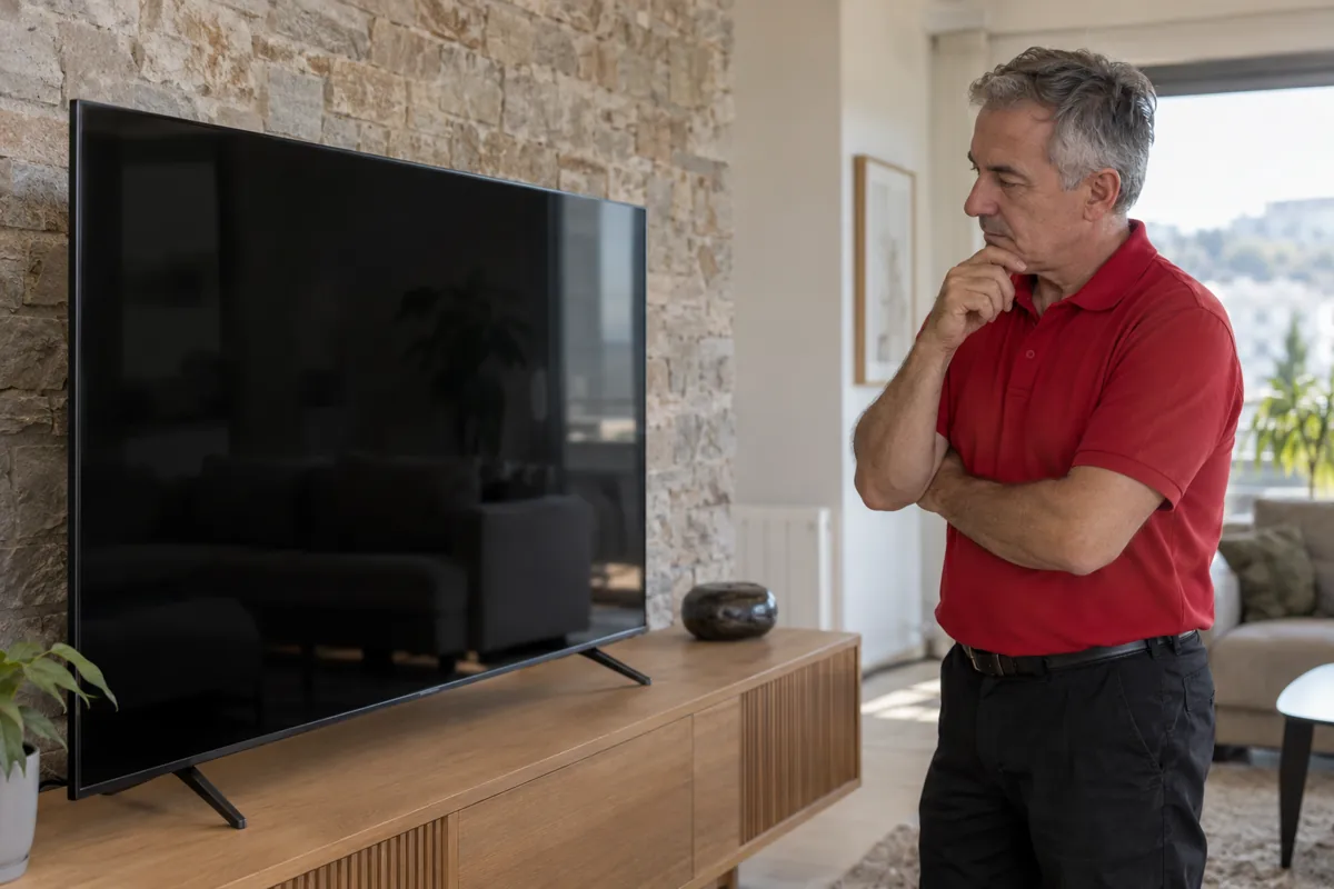 Técnico observando un televisor en un domicilio