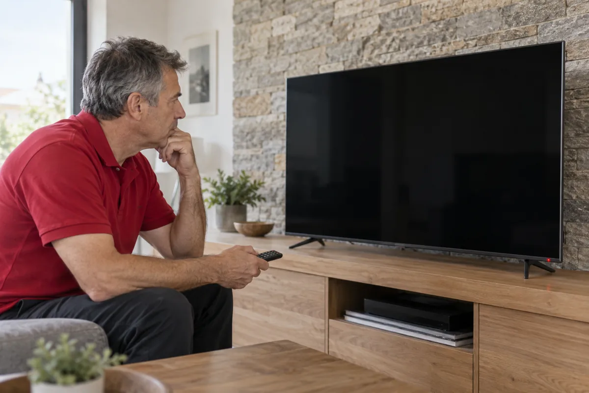 Televisor con pantalla negra y mando a distancia