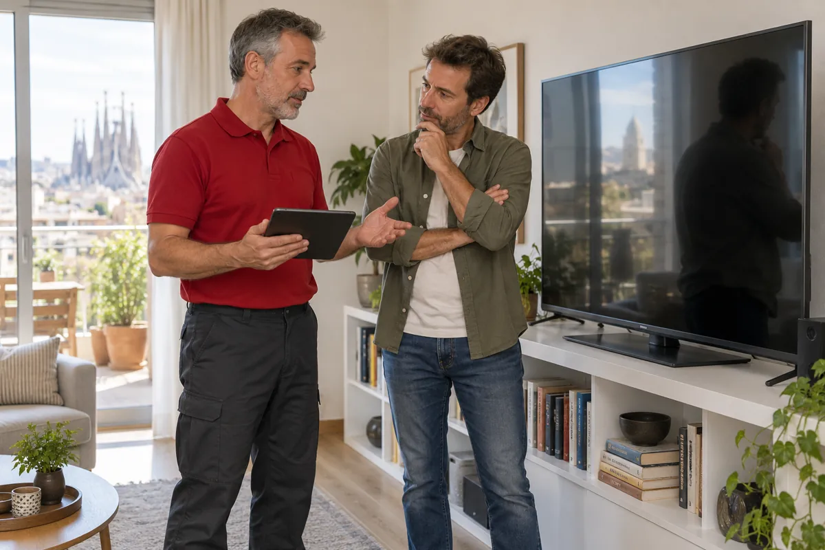 Técnico y cliente comentando opciones junto a un televisor