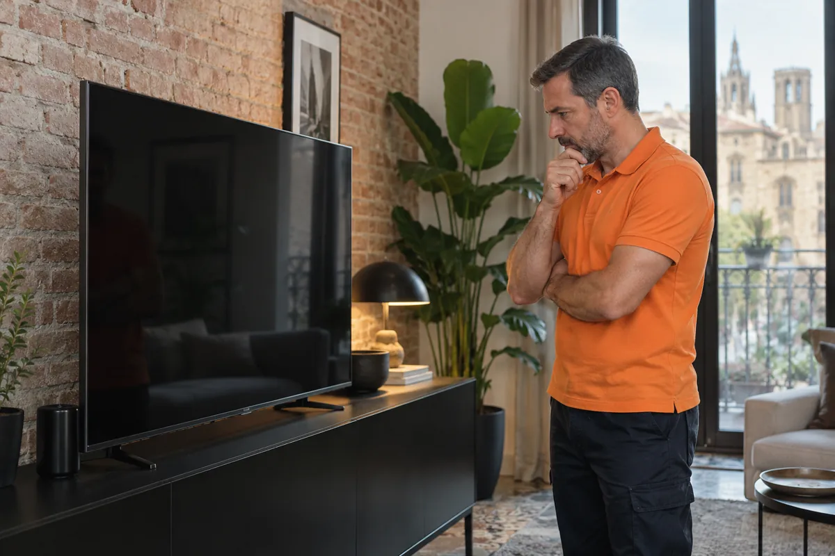 Técnico observando un televisor en un domicilio