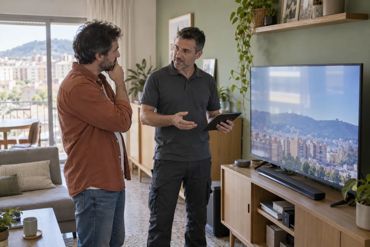 Técnico y cliente comentando opciones junto a un televisor